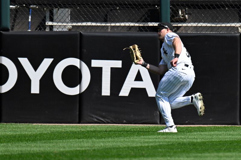 Sep 11, 2025; Chicago, Illinois, USA;  Chicago White Sox outfielder Will Robertson (37) catches a fly ball hit by Tampa Bay Rays first baseman Bob Seymour (41) during the second inning at Rate Field. Mandatory Credit: Matt Marton-Imagn Images