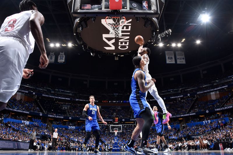 ORLANDO, FL - APRIL 25: Donovan Mitchell #45 of the Cleveland Cavaliers goes to the basket during the game against the Orlando Magic during Round 1 Game 3 of the 2024 NBA Playoffs on April 25, 2024 at Kia Center in Orlando, Florida. NOTE TO USER: User expressly acknowledges and agrees that, by downloading and or using this photograph, User is consenting to the terms and conditions of the Getty Images License Agreement. Mandatory Copyright Notice: Copyright 2023 NBAE (Photo by Fernando Medina/NBAE via Getty Images)