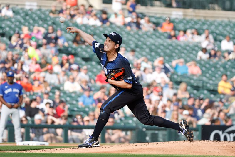 May 24, 2024; Detroit, Michigan, USA; Detroit Tigers pitcher Kenta Maeda (18) pitches during the first inning of the game against the Toronto Blue Jays at Comerica Park. Mandatory Credit: Brian Bradshaw Sevald-USA TODAY Sports