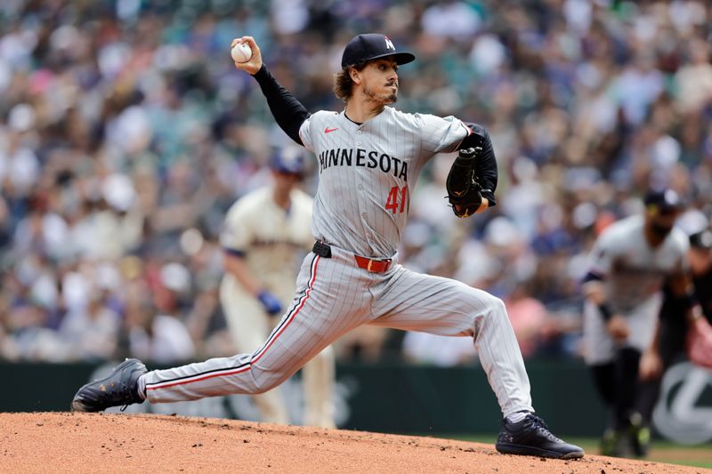 Jun 30, 2024; Seattle, Washington, USA; Minnesota Twins starting pitcher Joe Ryan (41) throws against the Seattle Mariners during the second inning at T-Mobile Park. Mandatory Credit: John Froschauer-USA TODAY Sports