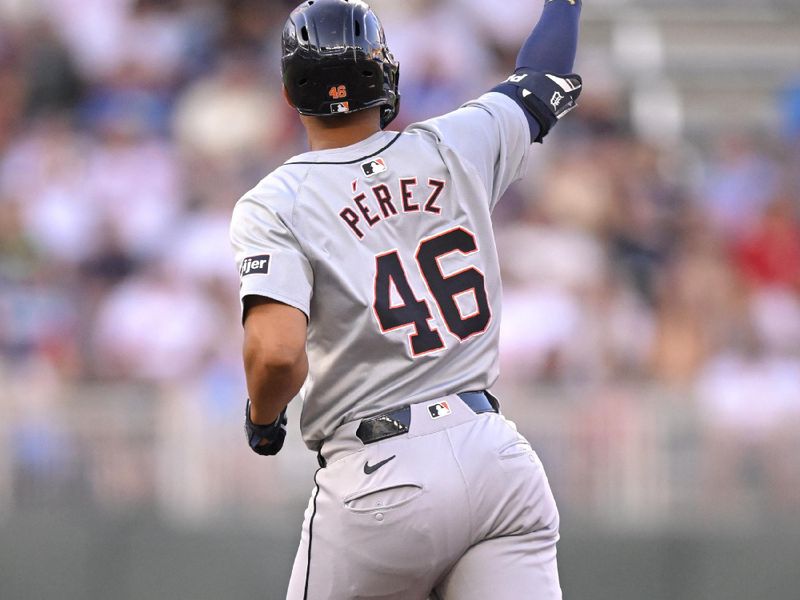 Jul 3, 2024; Minneapolis, Minnesota, USA; Detroit Tigers outfielder Wenceel Perez (46) celebrates his solo home run against the Minnesota Twins as he rounds the bases during the third inning at Target Field. Mandatory Credit: Nick Wosika-USA TODAY Sports