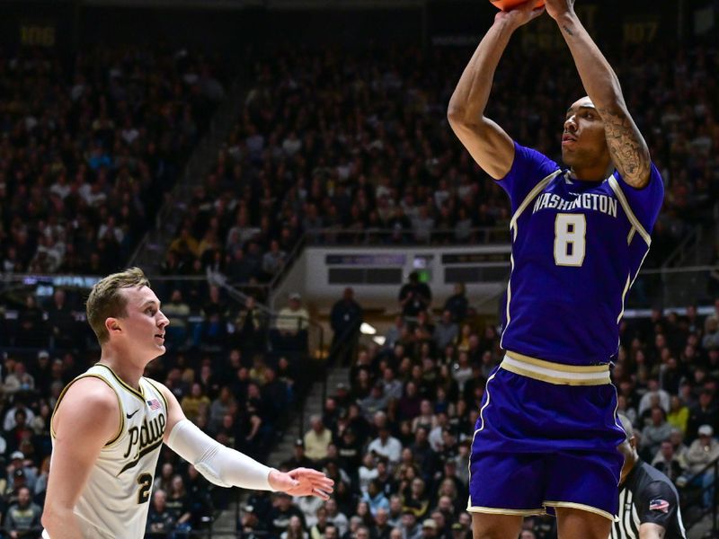 Jan 7, 2026; West Lafayette, Indiana, USA;  Washington Huskies forward Bryson Tucker (8) shoots he ball over Purdue Boilermakers guard Fletcher Loyer (2) during the first half at Mackey Arena. Mandatory Credit: Marc Lebryk-Imagn Images