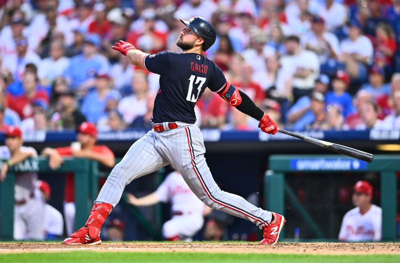 Aug 12, 2023; Philadelphia, Pennsylvania, USA; Minnesota Twins first baseman Joey Gallo (13) hits a home run against the Philadelphia Phillies in the fourth inning at Citizens Bank Park. Mandatory Credit: Kyle Ross-USA TODAY Sports