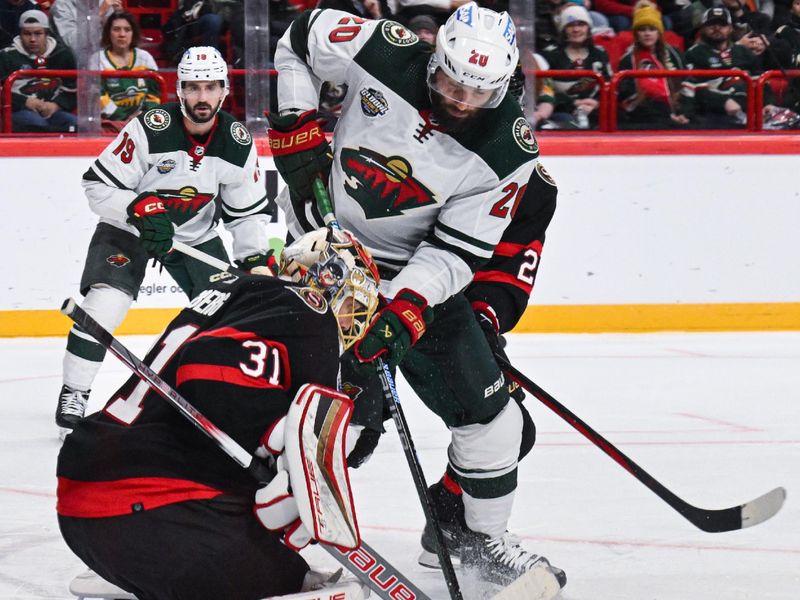 Nov 18, 2023; Stockholm, SWE; Ottawa Senators goaltender Anton Forsberg (31) makes a save against Minnesota Wild left wing Pat Maroon (20) during a Global Series NHL hockey game at Avicii Arena. Mandatory Credit: Per Haljestam-USA TODAY Sports