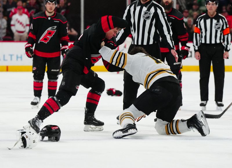 Apr 4, 2024; Raleigh, North Carolina, USA; Boston Bruins center Johnny Beecher (19) and Carolina Hurricanes center Jack Drury (18) fight during the first period at PNC Arena. Mandatory Credit: James Guillory-USA TODAY Sports