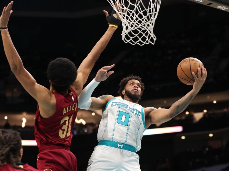 CHARLOTTE, NC - MARCH 07:  Miles Bridges #0 of the Charlotte Hornets shoots the ball during the game against the Cleveland Cavaliers on March 07, 2025 at Spectrum Center in Charlotte, North Carolina. NOTE TO USER: User expressly acknowledges and agrees that, by downloading and or using this photograph, User is consenting to the terms and conditions of the Getty Images License Agreement. Mandatory Copyright Notice: Copyright 2025 NBAE (Photo by Brock Williams-Smith/NBAE via Getty Images)