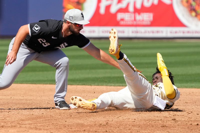 Mar 13, 2024; Phoenix, Arizona, USA; Chicago White Sox shortstop Paul DeJong (29) tags out Milwaukee Brewers Luis Lara (88) in the second inning at American Family Fields of Phoenix. Mandatory Credit: Rick Scuteri-USA TODAY Sports