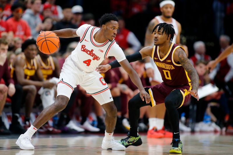 Dec 3, 2023; Columbus, Ohio, USA;  Ohio State Buckeyes guard Dale Bonner (4) dribbles the ball as Minnesota Golden Gophers guard Elijah Hawkins (0) defends during the first half at Value City Arena. Mandatory Credit: Joseph Maiorana-USA TODAY Sports