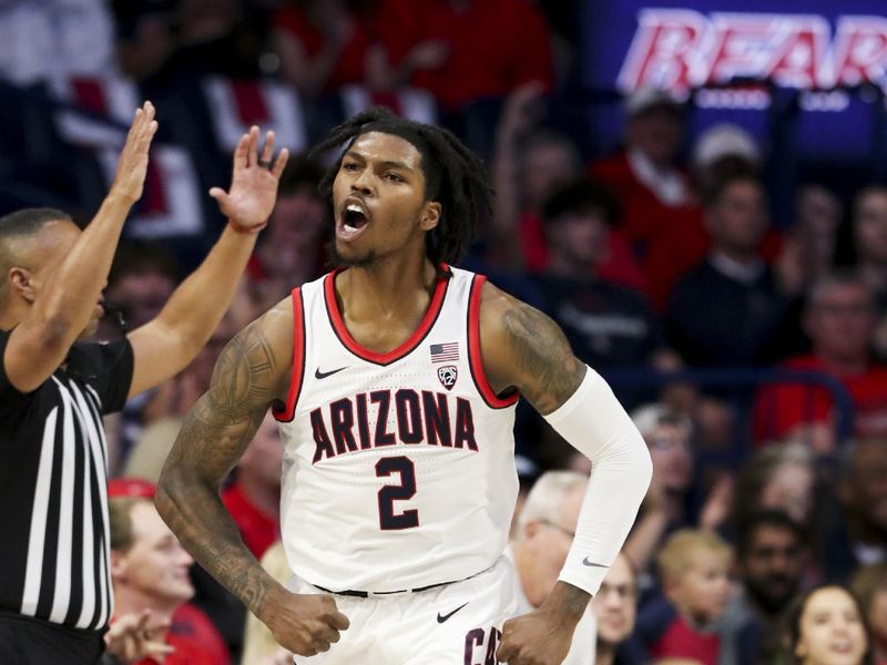 Nov 6, 2023; Tucson, Arizona, USA; Arizona Wildcats guard Caleb Love (2) celebrates after a three point basket agaisnt the Morgan State Bears during the first quarter at McKale Center. Mandatory Credit: Zachary BonDurant-USA TODAY Sports