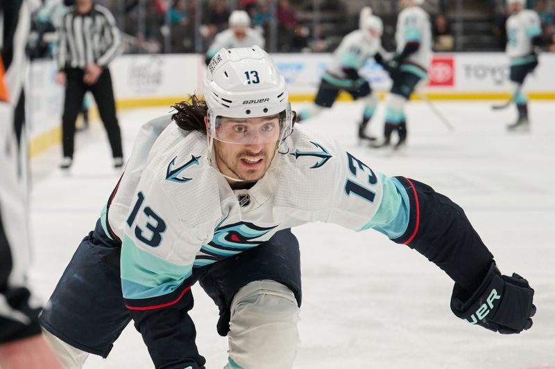 Jan 30, 2024; San Jose, California, USA; Seattle Kraken left wing Brandon Tanev (13) skates against the San Jose Sharks during the first period at SAP Center at San Jose. Mandatory Credit: Robert Edwards-USA TODAY Sports