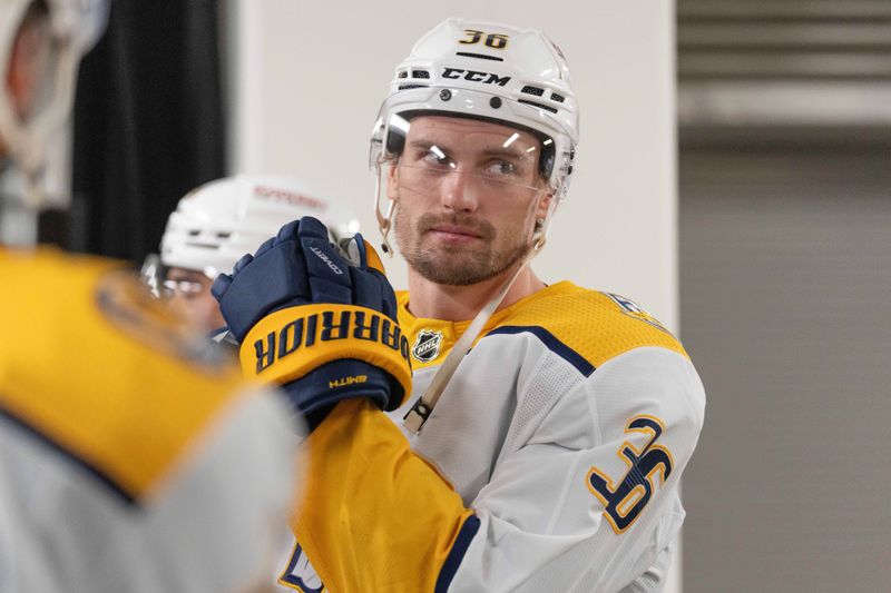 Feb 24, 2024; San Jose, California, USA; Nashville Predators left wing Cole Smith (36) before the start of the first period against the San Jose Sharks at SAP Center at San Jose. Mandatory Credit: Stan Szeto-USA TODAY Sports