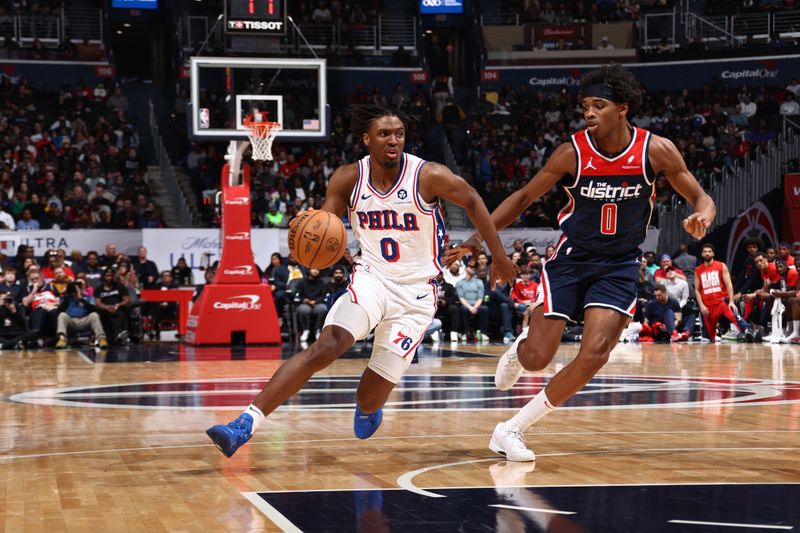 WASHINGTON, DC -? FEBRUARY 10: Tyrese Maxey #0 of the Philadelphia 76ers dribbles the ball during the game against the Washington Wizards on February 10, 2024 at Capital One Arena in Washington, DC. NOTE TO USER: User expressly acknowledges and agrees that, by downloading and or using this Photograph, user is consenting to the terms and conditions of the Getty Images License Agreement. Mandatory Copyright Notice: Copyright 2024 NBAE (Photo by Kenny Giarla/NBAE via Getty Images)