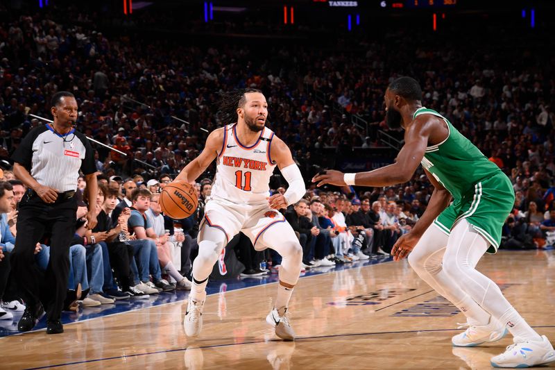 NEW YORK, NY - MAY 16: Jalen Brunson #11 of the New York Knicks handles the ball during the game against the Boston Celtics during Round Two Game Six of the 2025 NBA Playoffs on May 16, 2025 at Madison Square Garden in New York City, New York.  NOTE TO USER: User expressly acknowledges and agrees that, by downloading and or using this photograph, User is consenting to the terms and conditions of the Getty Images License Agreement. Mandatory Copyright Notice: Copyright 2025 NBAE  (Photo by Brian Babineau/NBAE via Getty Images)
