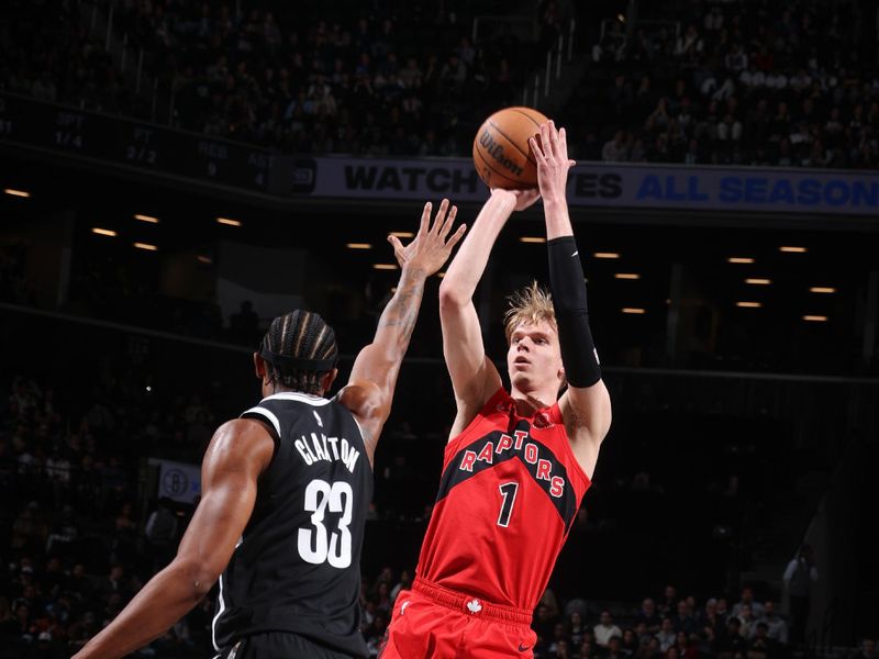 BROOKLYN, NY - APRIL 10: Gradey Dick #1 of the Toronto Raptors shoots the ball during the game  on April 10, 2024 at Barclays Center in Brooklyn, New York. NOTE TO USER: User expressly acknowledges and agrees that, by downloading and or using this Photograph, user is consenting to the terms and conditions of the Getty Images License Agreement. Mandatory Copyright Notice: Copyright 2024 NBAE (Photo by Nathaniel S. Butler/NBAE via Getty Images)