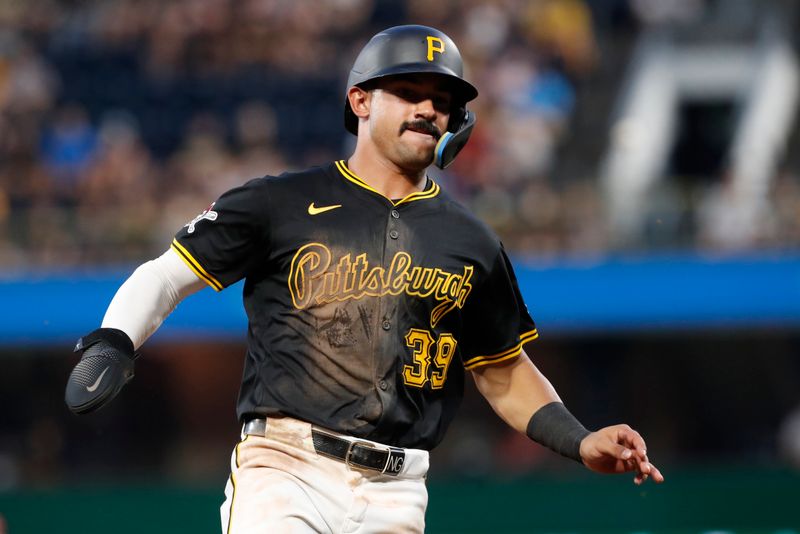 Jul 3, 2024; Pittsburgh, Pennsylvania, USA;  Pittsburgh Pirates second baseman Nick Gonzales (39) runs the bases against the St. Louis Cardinals during the seventh inning at PNC Park. Mandatory Credit: Charles LeClaire-USA TODAY Sports