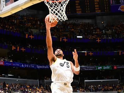 LOS ANGELES, CA - NOVEMBER 21:  Talen Horton-Tucker #5 of the Utah Jazz goes to the basket during the game during the in Season Tournament on November 21, 2023 at Crypto.Com Arena in Los Angeles, California. NOTE TO USER: User expressly acknowledges and agrees that, by downloading and/or using this Photograph, user is consenting to the terms and conditions of the Getty Images License Agreement. Mandatory Copyright Notice: Copyright 2023 NBAE (Photo by Adam Pantozzi/NBAE via Getty Images)