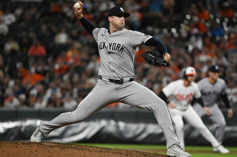 May 1, 2024; Baltimore, Maryland, USA;  New York Yankees pitcher Clay Holmes (35) throws a ninth inning pitch against the Baltimore Orioles at Oriole Park at Camden Yards. Mandatory Credit: Tommy Gilligan-USA TODAY Sports