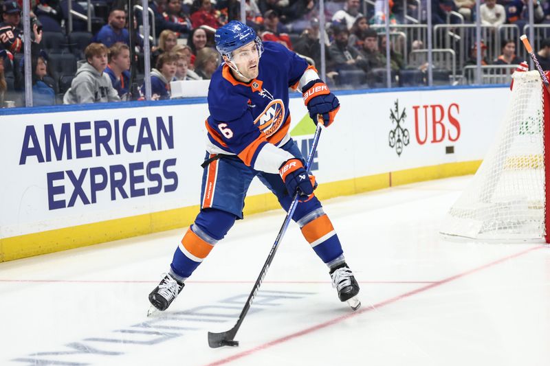 Mar 16, 2025; Elmont, New York, USA;  New York Islanders defenseman Ryan Pulock (6) controls the puck in the first period against the New York Islanders at UBS Arena. Mandatory Credit: Wendell Cruz-Imagn Images