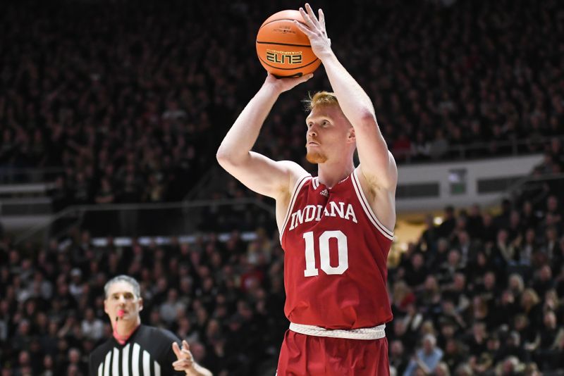 Jan 31, 2025; West Lafayette, Indiana, USA; Indiana Hoosiers forward Luke Goode (10) makes a three-point basket during the first half against the Purdue Boilermakers at Mackey Arena. Mandatory Credit: Robert Goddin-Imagn Images