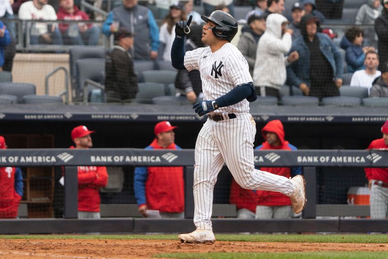 Apr 5, 2023; Bronx, New York, USA; New York Yankees catcher Jose Trevino (39) reacts to hitting a two run home run against the Philadelphia Phillies during the seventh inning at Yankee Stadium. Mandatory Credit: Gregory Fisher-USA TODAY Sports