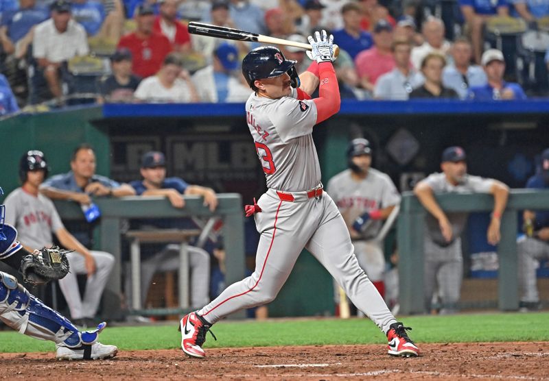 Aug 5, 2024; Kansas City, Missouri, USA;  Boston Red Sox pinch hitter Romy Gonzalez (23) hits a two run home run in the seventh inning against the Kansas City Royals at Kauffman Stadium. Mandatory Credit: Peter Aiken-USA TODAY Sports