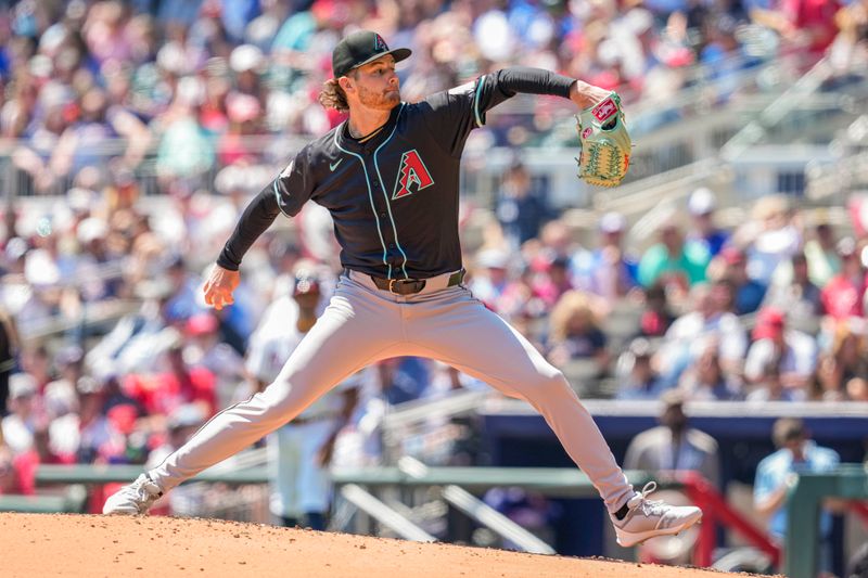 Apr 7, 2024; Cumberland, Georgia, USA; Arizona Diamondbacks starting pitcher Ryne Nelson (19) pitches against the Atlanta Braves during the second inning at Truist Park. Mandatory Credit: Dale Zanine-USA TODAY Sports