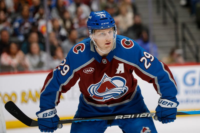 Dec 11, 2025; Denver, Colorado, USA; Colorado Avalanche center Nathan MacKinnon (29) in the first period against the Florida Panthers at Ball Arena. Mandatory Credit: Isaiah J. Downing-Imagn Images