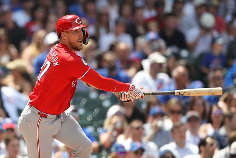 May 31, 2024; Chicago, Illinois, USA; Cincinnati Reds catcher Tyler Stephenson (37) looks on after hitting an RBI single during the fourth inning against the Chicago Cubs at Wrigley Field. Mandatory Credit: Melissa Tamez-USA TODAY Sports