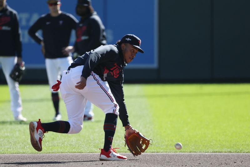 Oct 10, 2023; Minneapolis, Minnesota, USA; Minnesota Twins second baseman Jorge Polanco (11) warms up during batting practice before the game against the Houston Astros during game three of the ALDS for the 2023 MLB playoffs at Target Field. Mandatory Credit: Jesse Johnson-USA TODAY Sports