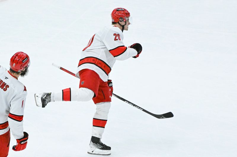 Jan 20, 2025; Chicago, Illinois, USA;  Carolina Hurricanes center Sebastian Aho (20) celebrates after he scores the game winning goal during the overtime period against the Chicago Blackhawks at the United Center. Mandatory Credit: Matt Marton-Imagn Images


