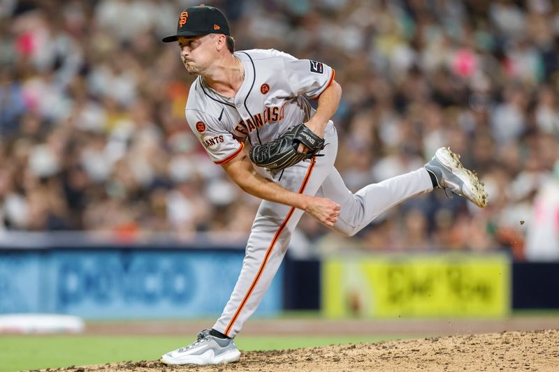 Sep 6, 2024; San Diego, California, USA; San Francisco Giants relief pitcher Austin Warren (57) throws a pitch during the seventh inning against the San Diego Padres at Petco Park. Mandatory Credit: David Frerker-Imagn Images