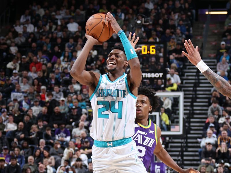 SALT LAKE CITY, UT - FEBRUARY 22: Brandon Miller #24 of the Charlotte Hornets shoots the ball during the game against the Utah Jazz on February 22, 2024 at Delta Center in Salt Lake City, Utah. NOTE TO USER: User expressly acknowledges and agrees that, by downloading and or using this Photograph, User is consenting to the terms and conditions of the Getty Images License Agreement. Mandatory Copyright Notice: Copyright 2024 NBAE (Photo by Melissa Majchrzak/NBAE via Getty Images)