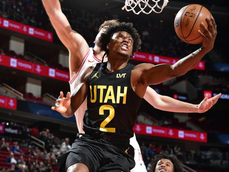 HOUSTON, TX - JANUARY 20: Colin Sexton #2 of the Utah Jazz drives to the basket during the game against the Houston Rockets on January 20, 2024 at the Toyota Center in Houston, Texas. NOTE TO USER: User expressly acknowledges and agrees that, by downloading and or using this photograph, User is consenting to the terms and conditions of the Getty Images License Agreement. Mandatory Copyright Notice: Copyright 2024 NBAE (Photo by Logan Riely/NBAE via Getty Images)