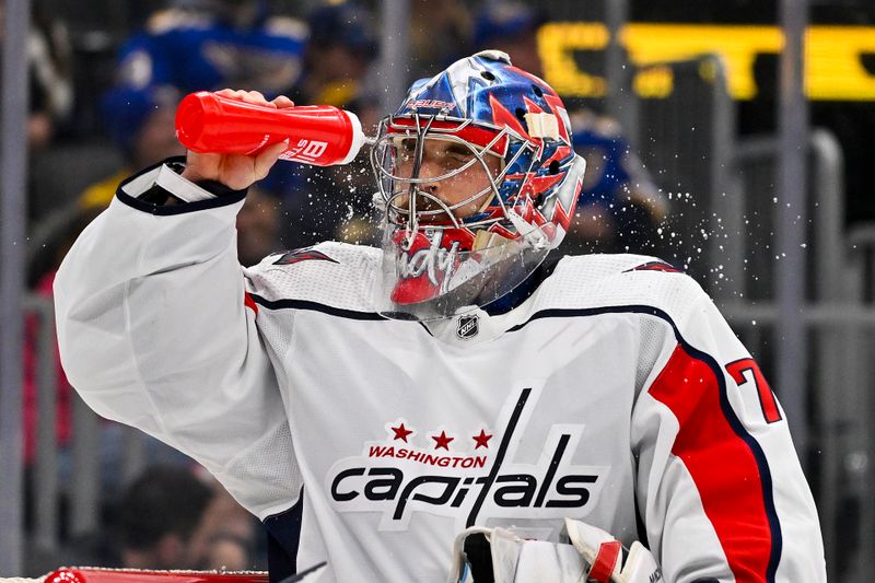 Jan 20, 2024; St. Louis, Missouri, USA;  Washington Capitals goaltender Charlie Lindgren (79) sprays water on his face during the second period against the St. Louis Blues at Enterprise Center. Mandatory Credit: Jeff Curry-USA TODAY Sports