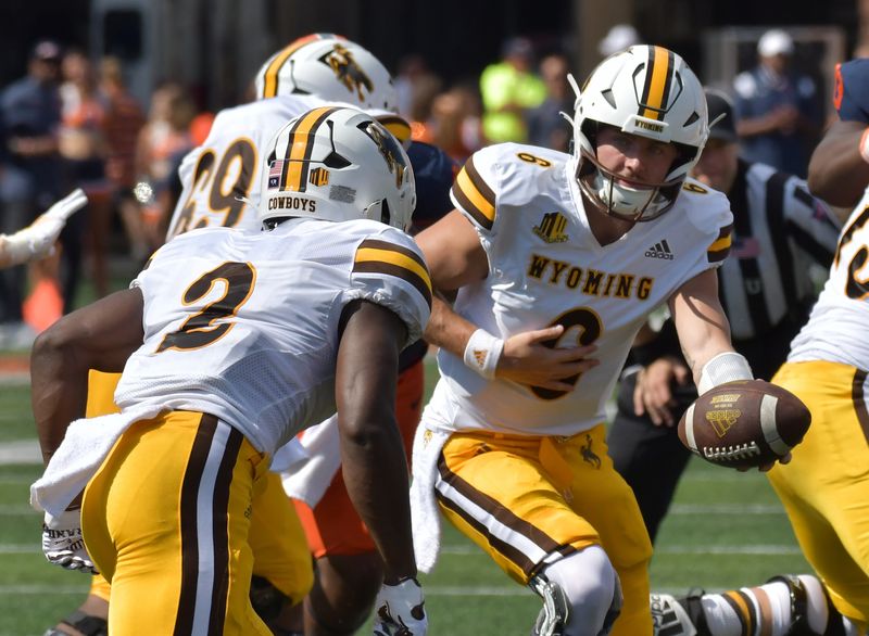 Aug 27, 2022; Champaign, Illinois, USA;  Wyoming Cowboys quarterback Andrew Peasley (6) hands the ball to running back Titus Swen (2)in the first half against Illinois at Memorial Stadium. Mandatory Credit: Ron Johnson-USA TODAY Sports