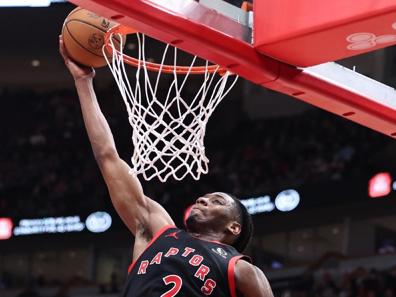 CHICAGO, ILLINOIS - FEBRUARY 28: Jonathan Mogbo #2 of the Toronto Raptors dunks the ball during the third quarter against the Chicago Bulls at the United Center on February 28, 2025 in Chicago, Illinois. NOTE TO USER: User expressly acknowledges and agrees that, by downloading and or using this photograph, User is consenting to the terms and conditions of the Getty Images License Agreement. (Photo by Geoff Stellfox/Getty Images)