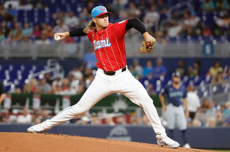 Jun 22, 2024; Miami, Florida, USA;  Miami Marlins starting pitcher Shaun Anderson (48) pitches against the Seattle Mariners in the first inning at loanDepot Park. Mandatory Credit: Rhona Wise-USA TODAY Sports