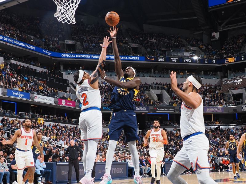 INDIANAPOLIS, IN - FEBRUARY 11:  Pascal Siakam #43 of the Indiana Pacers shoots the ball during the game against the New York Knicks on February 11, 2025 at Gainbridge Fieldhouse in Indianapolis, Indiana. NOTE TO USER: User expressly acknowledges and agrees that, by downloading and or using this Photograph, user is consenting to the terms and conditions of the Getty Images License Agreement. Mandatory Copyright Notice: Copyright 2025 NBAE (Photo by Ron Hoskins/NBAE via Getty Images)