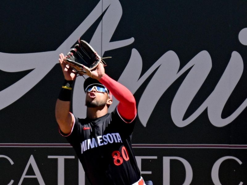 Mar 21, 2025; Clearwater, Florida, USA; Minnesota Twins right fielder Jeferson Morales (80) catches a fly ball in the second inning against the Philadelphia Phillies during spring training  at BayCare Ballpark. Mandatory Credit: Jonathan Dyer-Imagn Images