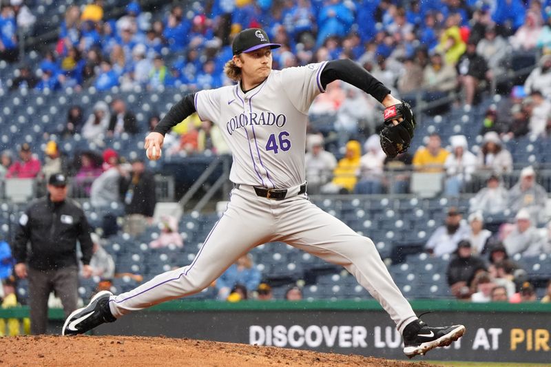 May 4, 2024; Pittsburgh, Pennsylvania, USA; Colorado Rockies pitcher Nick Mears (46) delivers a pitch against the Pittsburgh Pirates during the ninth inning at PNC Park. Mandatory Credit: Gregory Fisher-USA TODAY Sports