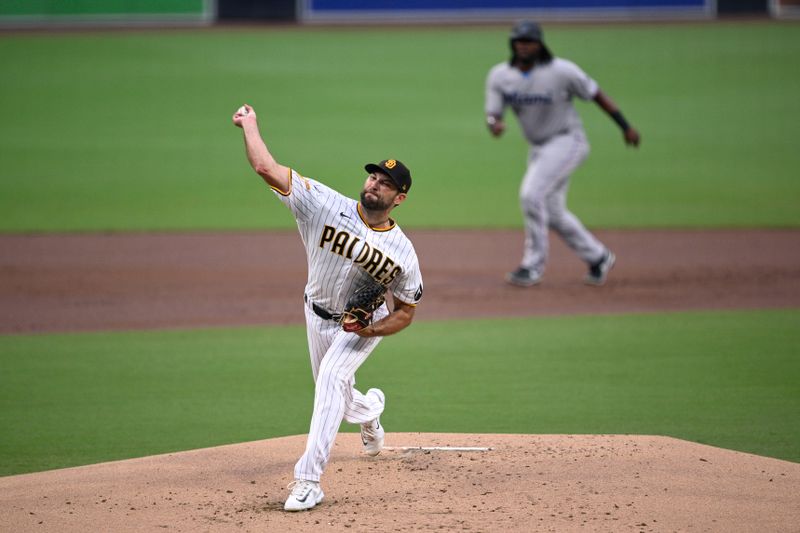 Aug 21, 2023; San Diego, California, USA; San Diego Padres starting pitcher Michael Wacha (52) throws a pitch against the Miami Marlins during the first inning at Petco Park. Mandatory Credit: Orlando Ramirez-USA TODAY Sports