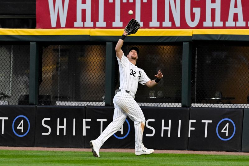 May 11, 2024; Chicago, Illinois, USA;  Chicago White Sox outfielder Gavin Sheets (32) catches a fly ball to retire Cleveland Guardians catcher Bo Naylor (not pictured) during the fifth inning at Guaranteed Rate Field. Mandatory Credit: Matt Marton-USA TODAY Sports