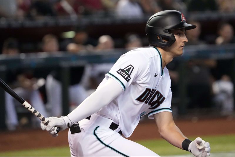 Jul 8, 2023; Phoenix, Arizona, USA; Arizona Diamondbacks designated hitter Dominic Canzone (6) bats against the Pittsburgh Pirates during the first inning at Chase Field. The at bat was the first of the career of Canzone. Mandatory Credit: Joe Camporeale-USA TODAY Sports