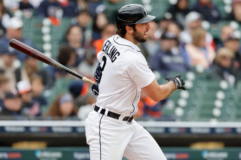 Apr 29, 2023; Detroit, Michigan, USA;  Detroit Tigers right fielder Matt Vierling (8) hits an RBI double in the third inning against the Baltimore Orioles at Comerica Park. Mandatory Credit: Rick Osentoski-USA TODAY Sports