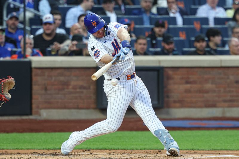 Apr 29, 2025; New York City, New York, USA; New York Mets first baseman Pete Alonso (20) singles during the first inning against the Arizona Diamondbacks at Citi Field. Mandatory Credit: Vincent Carchietta-Imagn Images