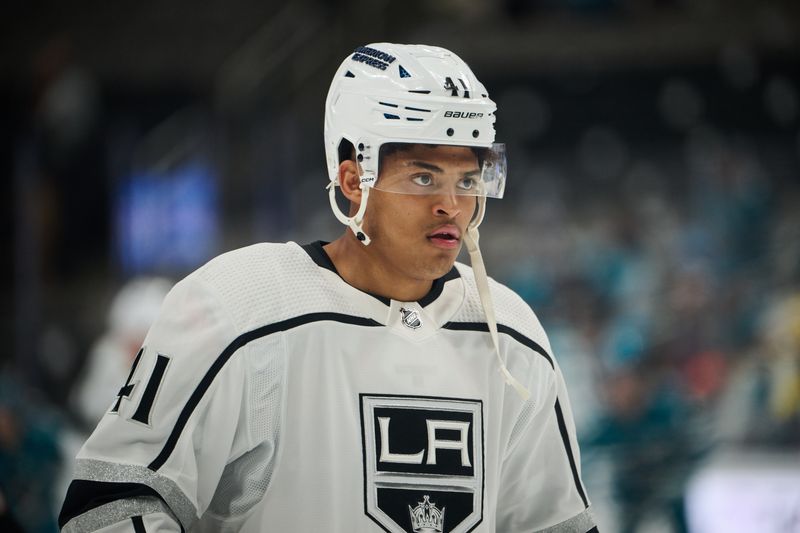 Apr 4, 2024; San Jose, California, USA; Los Angeles Kings center Akil Thomas (41) warms up before the game against the San Jose Sharks at SAP Center at San Jose. Mandatory Credit: Robert Edwards-USA TODAY Sports