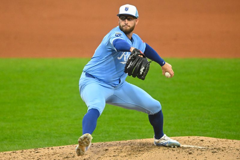Sep 9, 2025; Cleveland, Ohio, USA; Kansas City Royals starting pitcher Noah Cameron (65) delivers a pitch in the fourth inning against the Cleveland Guardians at Progressive Field. Mandatory Credit: David Richard-Imagn Images