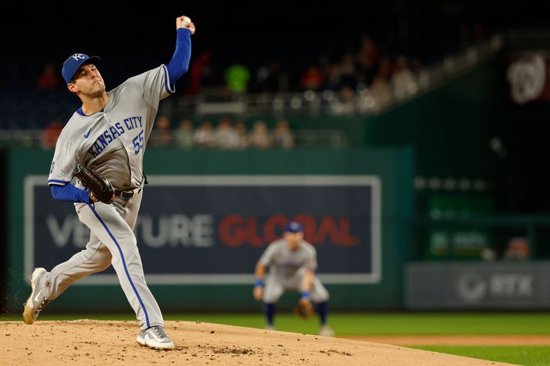 Sep 24, 2024; Washington, District of Columbia, USA; Kansas City Royals starting pitcher Cole Ragans (55) pitches against the Washington Nationals during the first inning at Nationals Park. Mandatory Credit: Geoff Burke-Imagn Images