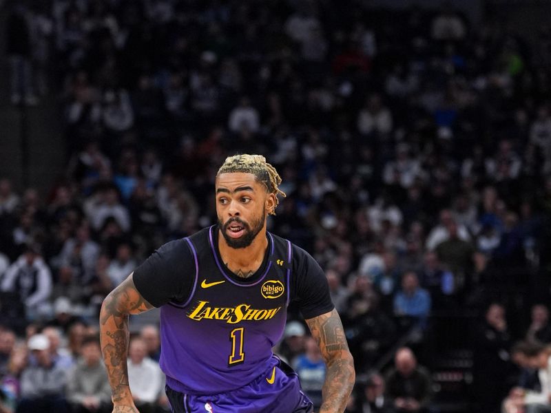 MINNEAPOLIS, MN - DECEMBER 2: D'Angelo Russell #1 of the Los Angeles Lakers handles the ball during the game against the Minnesota Timberwolves on December 2, 2024 at Target Center in Minneapolis, Minnesota. NOTE TO USER: User expressly acknowledges and agrees that, by downloading and or using this Photograph, user is consenting to the terms and conditions of the Getty Images License Agreement. Mandatory Copyright Notice: Copyright 2024 NBAE (Photo by Jordan Johnson/NBAE via Getty Images)