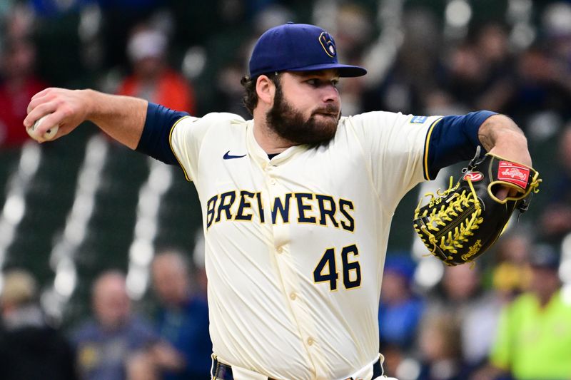 Apr 17, 2024; Milwaukee, Wisconsin, USA; Milwaukee Brewers pitcher Bryse Wilson (46) throws a pitch against the San Diego Padres in the first inning at American Family Field. Mandatory Credit: Benny Sieu-USA TODAY Sports